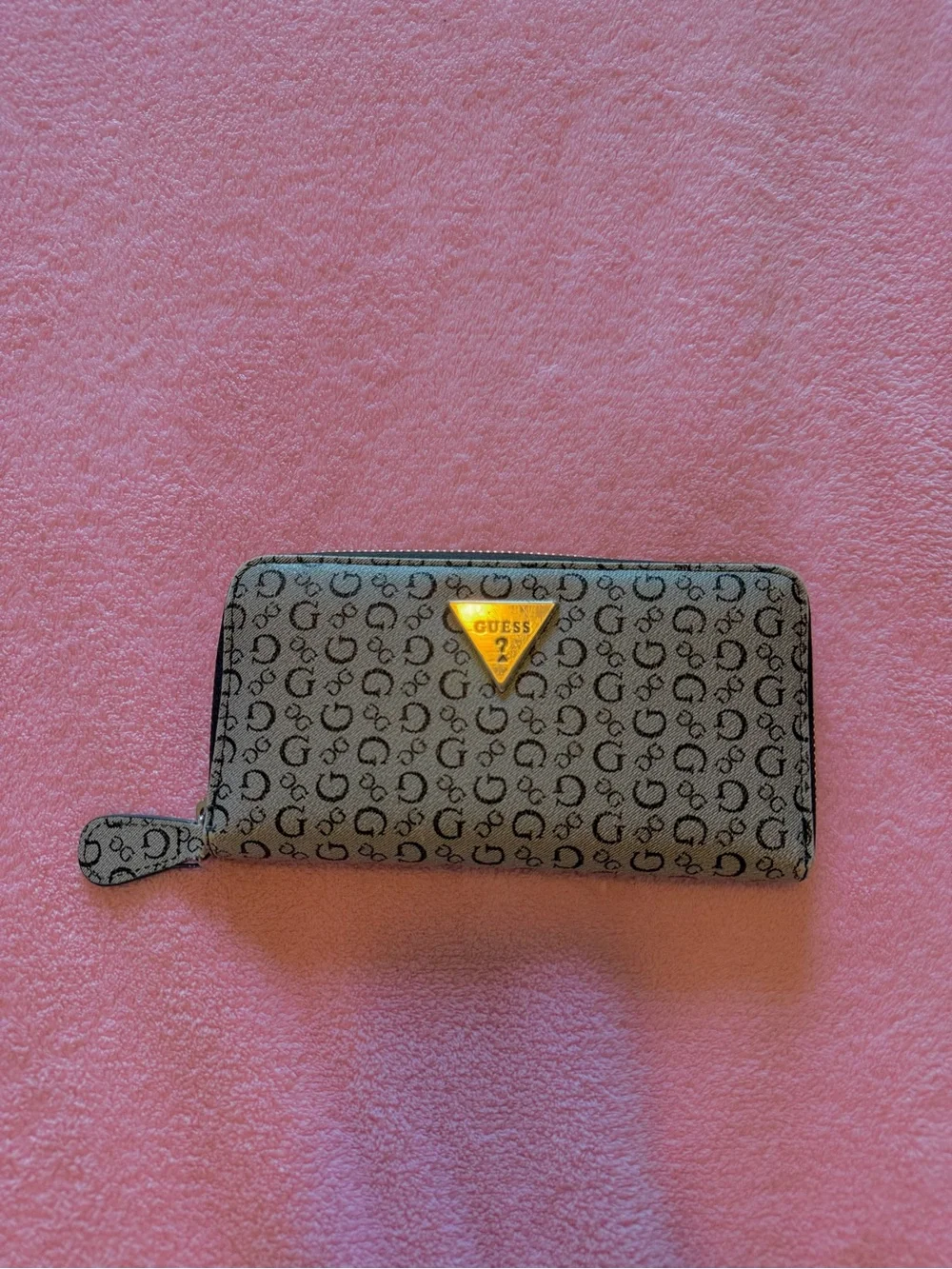 GUESS Monogram Zip Wallet in Gray with Gold Logo